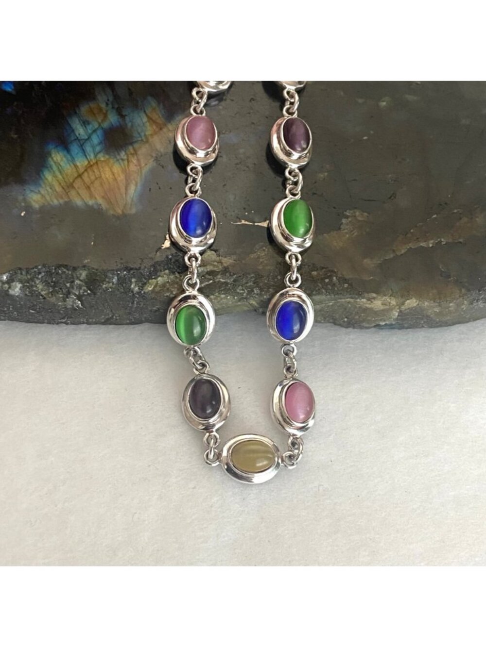 Sterling Silver 925 Multi Colored Oval Cats Eye Link Station Bracelet Sz 7.75" - Picture 4 of 16